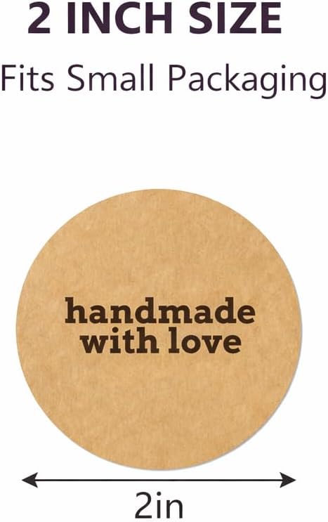 Handmade with Love Stickers, 2 Inch Round Kraft Paper Packaging Seals, 100 Count, Strong Adhesive Labels for Small Business, Gifts, Envelopes and Bakery Packaging