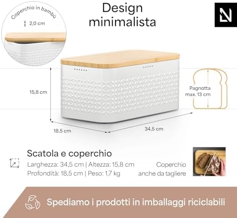 LARS NYSØM Bread Box I Metal bread box for long lasting freshness with non-slip pads I Baked goods Bin with bamboo lid usable as cutting board I 13.6x7.3x6.2in (Pure White)