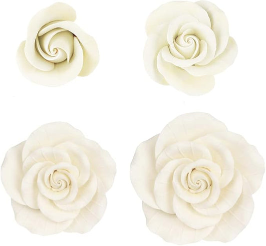 O'Creme Garden Roses Gumpaste Flower Set - White Edible Flowers for Cake Decorating - Sugar Flowers for Cakes, Candy, Cupcakes - Wedding, Valentines Day, Baby Shower - 4 Different Sizes, 2 of Each