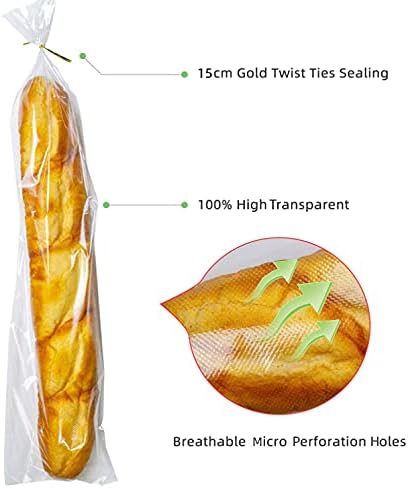 200Pcs 11 x 18 Inch Bottom Gusset Bread Bags with Ties, Clear Plastic Micro Perforated Bags for Homemade Bread and Bakery Loaf Baugette - Thickened, Freezer Safe