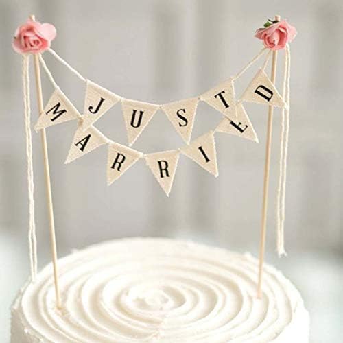 Wedding Cake Topper,Family Party Cake Topper,Vintage Affair Rustic Just Married Wedding Cake or Cheese Bunting,Handmade Pennant Flags with Wood Pole Ivory