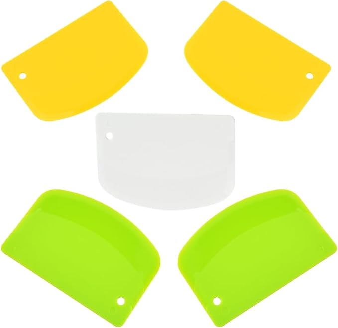 5 Pack Dough Scraper, 5.3 x 3.6 Inch Plastic Bench Scraper, Bowl Spatula, Kitchen Pastry Cutter Tool for Bread Dough, Pastry, Pizza, Baking Cake (Green,Yellow,White)
