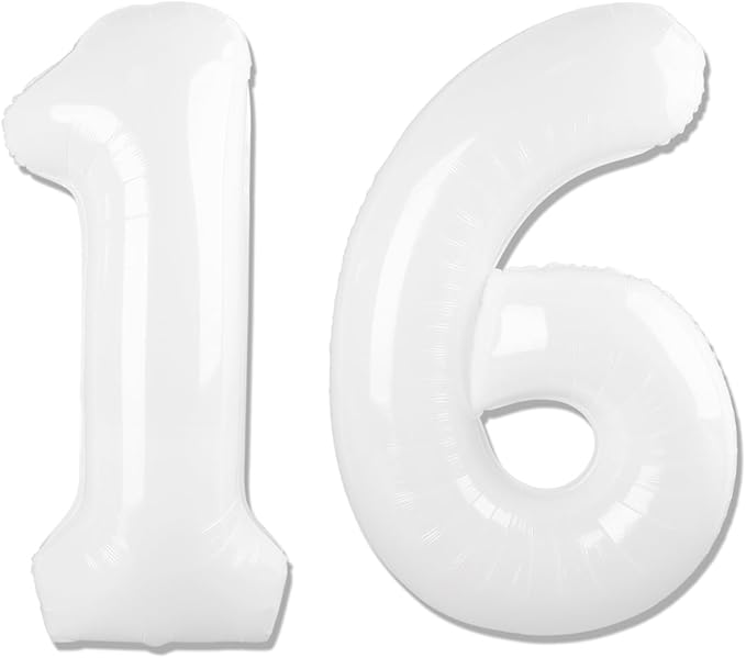 White Number 16 Balloon 40 inch, 16 Number Balloons, 16th White Birthday Decorations for Girls Boys 16 Year Old Party Supplies