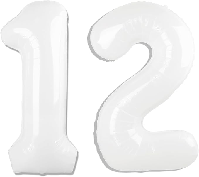 White Number 12 Balloon 40 inch, 12 Number Balloons, 12th White Birthday Decorations for Girls Boys 12 Year Old Party Supplies
