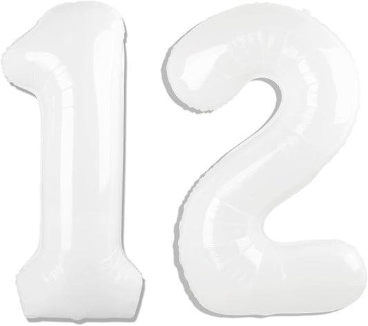 White Number 12 Balloon 40 inch, 12 Number Balloons, 12th White Birthday Decorations for Girls Boys 12 Year Old Party Supplies