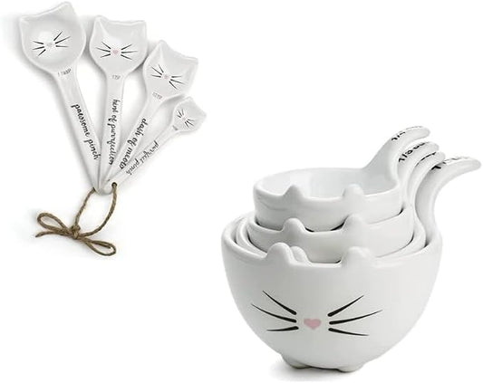 White Cat Measuring Cups & Spoons Gift Set – Ceramic Kitchen Tools for Cat Lovers & Bakers – 4 Measuring Cups and 4 Measuring Spoons – Unique Gift for Kitchen, Baking, and Cat Lovers
