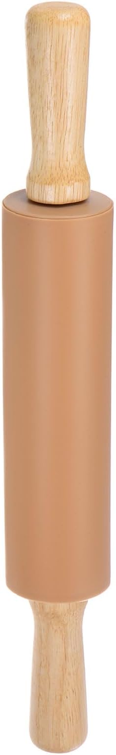 HARFINGTON Silicone Rolling Pins for Baking 14.96 Inch Non-Stick Silicone Surface Wooden Handle Rolling Pin Small Roller Playdough Rolling Pins for Fondant Kitchen Dough Pizza, Brown