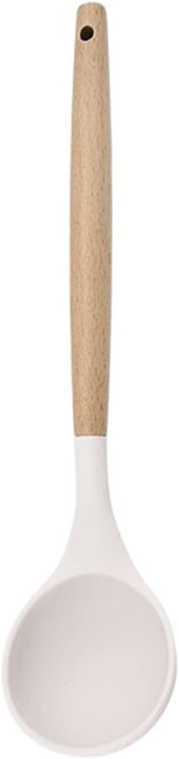 1pc White Silicone Soup Ladle Spoon with Wooden Handle, Heat Resistant Cooking Utensils, Large Nonstick Serving Scoop for Sauce, Soup, Stew, Chili, Salad Dressing and Pancake Batter.