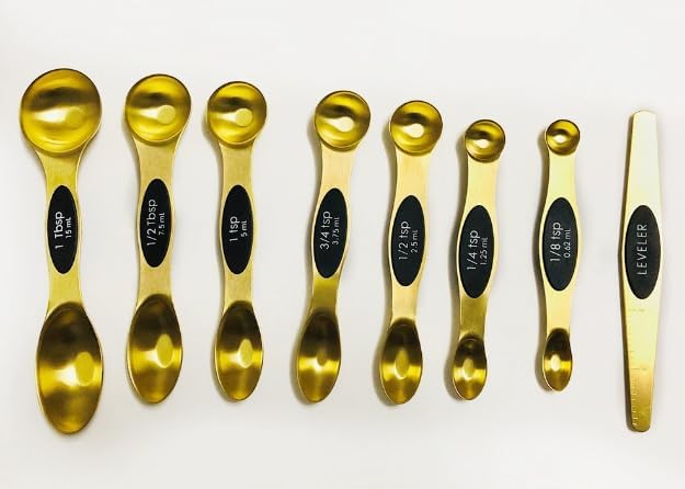 Gold Magnetic Measuring Spoons & Cups Set – 8 Dual-Sided Magnetic Spoons with Leveler + 4 Stainless Steel Measuring Cups – Perfect for Liquid & Dry Ingredients