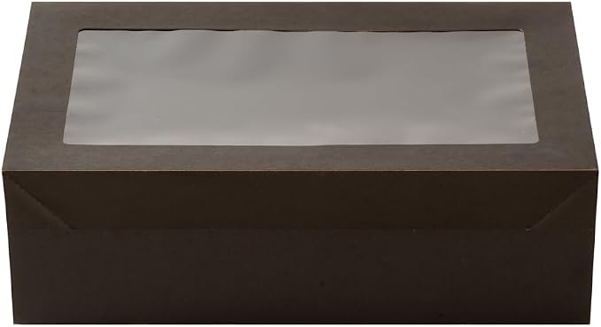Restaurantware Cater Tek 10.2 x 6.1 x 3.2 Inch Baked Goods Boxes 100 Greaseproof Pastry Boxes - Window Lids Insert Tab Lock Black Paper Catering Boxes Easy Assembly For Charcuterie Or Cupcakes