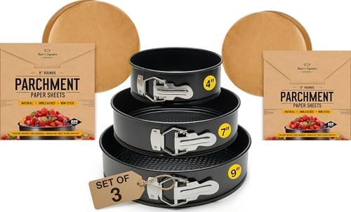 Baker's Signature Springform Pan Set of 3 (4, 7, 9 Inch) with Removable Bottom & Leakproof Design + 220 Pcs 6” & 220 Pcs 9” Parchment Paper Rounds – Nonstick Cheesecake Baking Set