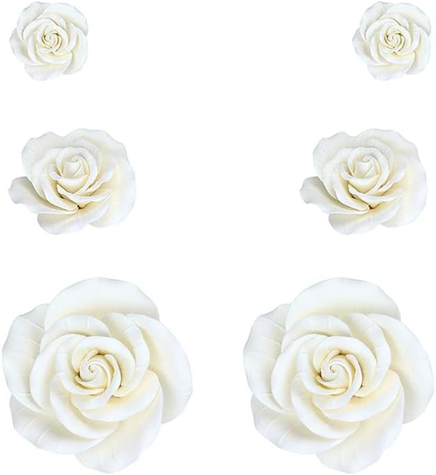 O'Creme Garden Roses Gumpaste Flower Set - White Edible Flowers for Cake Decorating - for Cakes, Candy, Cupcake Toppers - Birthday, Wedding, Valentines, Baby Shower - 2 of 3 Sizes, Total 6
