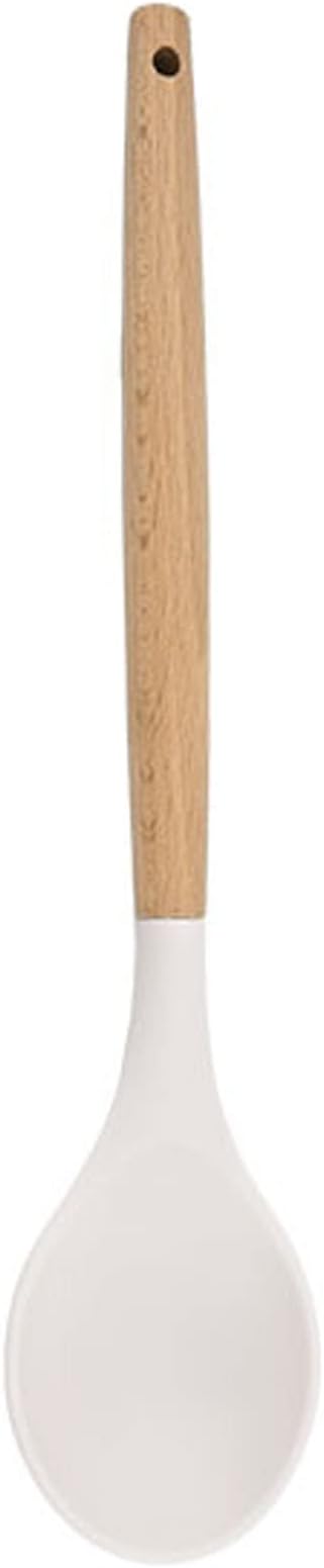 1pc White Silicone Solid Spoon with Wooden Handle, Heat Resistant Cooking Utensils, Mixing Spoon, Cooking Backing Spoons Set for Stirring, Mixing and Serving