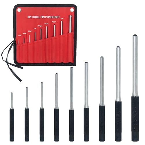 9-Piece Roll Pin Punch Set - Precision Steel Punches for Gunsmithing, Watch Repair & DIY (1/16" to 1/4") - Includes Tool Pouch, Ideal for Firing Pin Removal, Nail Punching & Building Projects