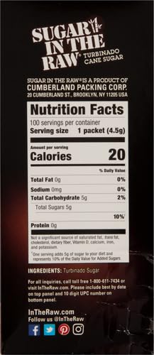 Sugar In The Raw Turbinado Cane Sugar Packets, 100 Ct, Pure, All-Natural Turbinado Sugar, Non-GMO Project Verified, Kosher, Vegan and Gluten Free (Pack of 2)