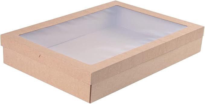 Restaurantware Cater Tek 17.9 x 12.3 x 3.2 Inch Catering Boxes 100 Insert Tab Lock Baked Goods Boxes - Window Lids Easy Assembly Kraft Paper Window Pastry Boxes For Charcuterie Or Cupcakes