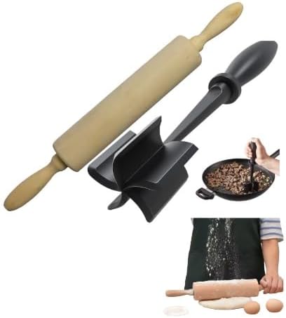 Classic Wooden Rolling Pin for Baking & Meat Masher Tenderizer Set – 2-in-1 Heat-Resistant and Safe for Non-Stick Cookware - 17-Inch Natural Beechwood Dough Roller with Easy-Grip Handle.