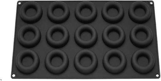 15 Cavity Mini Donut Ring Silicone Mousse Cake Mold, Round Hollow Circle Baking Mold, Non-Stick Food Grade Silicone Tray for Chocolate, Mousse, Ice Cream, Pudding, Dessert Pastry(Black)