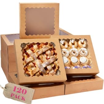 Bakepacker 120pcs Brown Pie Boxes 12"x 12"x 3" Easy Assemble Macaroon Cookie Boxes Bakery Boxes with Window for Bakery (Auto-pop Up)