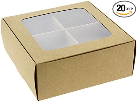 20pcs Kraft Treat Boxes with Window and Dividers | 4 LARGE compartments | 8 x 8 x 3 in | Valentine treat boxes, baked goods packaging, box for cookies, pastry packaging