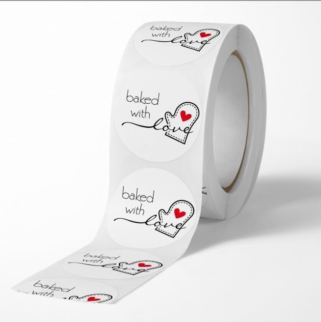 500Pcs White Baked with Love Round Adhesive Stickers for Bakery Bags, Candle Packaging, Labels and Stamps