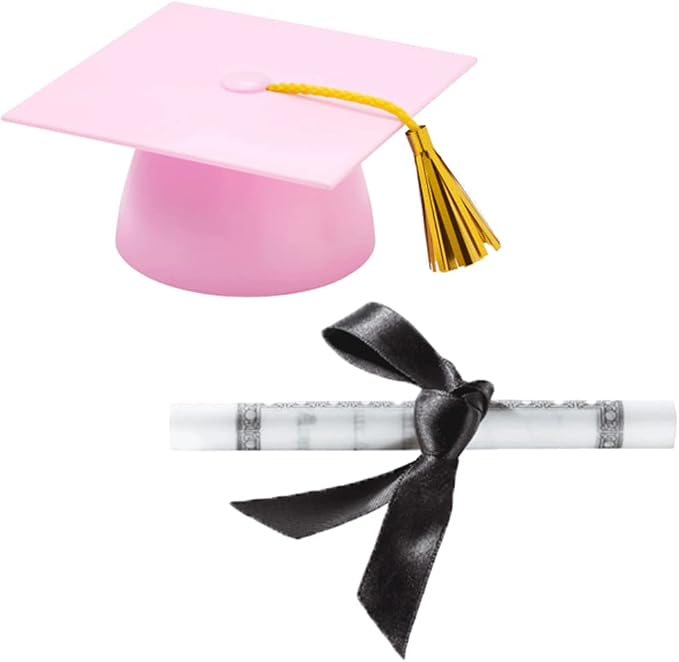 Plastic Graduation Cap Cake Topper with Large Paper Diploma Cake Topper (Pink)