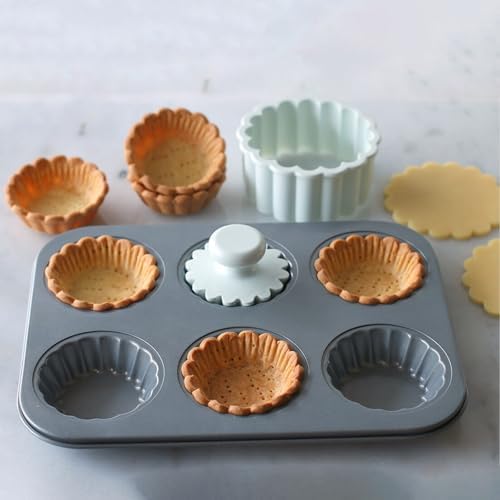 Mini Tart pan with Tart Cutting Mold, 2.75" Egg Tart Molds 6-cavity Non Stick Fluted Mini Tart Mould, Reusable Quiche Bakeware Carbon Steel for Pies, Quiche, Cheese Cakes, Desserts