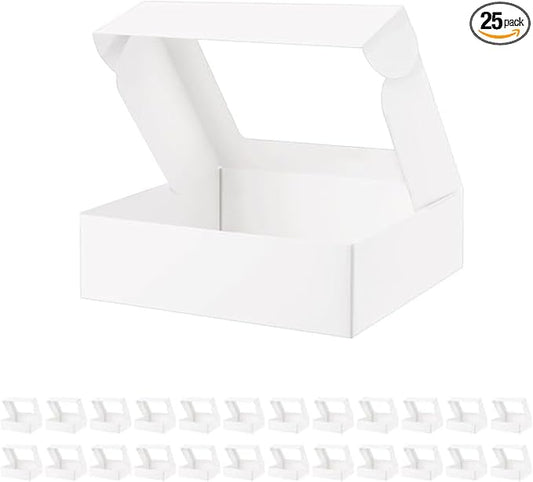 25 White Bakery Boxes with Window, 9x7x2.5 Inches Cake Boxes with Window, Treat Boxes for Small Bakery, Dessert, Candy, Cookies, Pastry, Party Favors, Wedding Cake