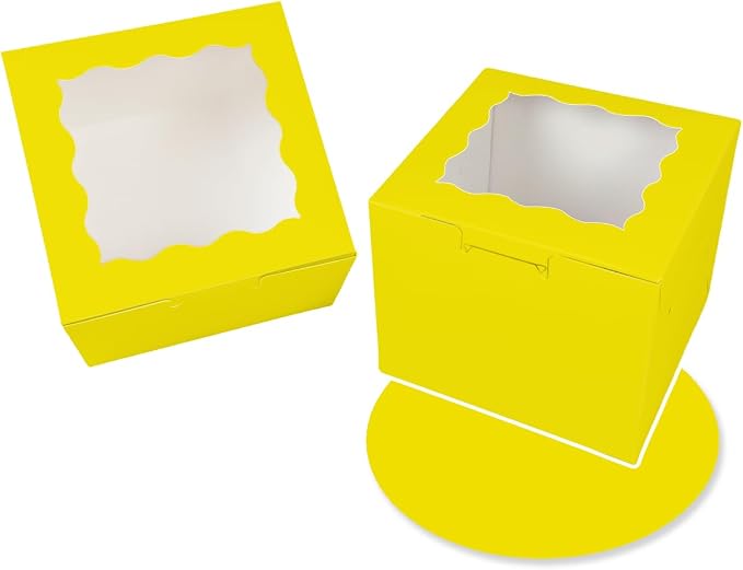 Bakepacker 36pcs 8x8x5 Inches Cake Boxes with Window 18-Packs Yellow 8 Inch Bakery Boxes (18 Cake Boxes +18 Cake Boards Included)