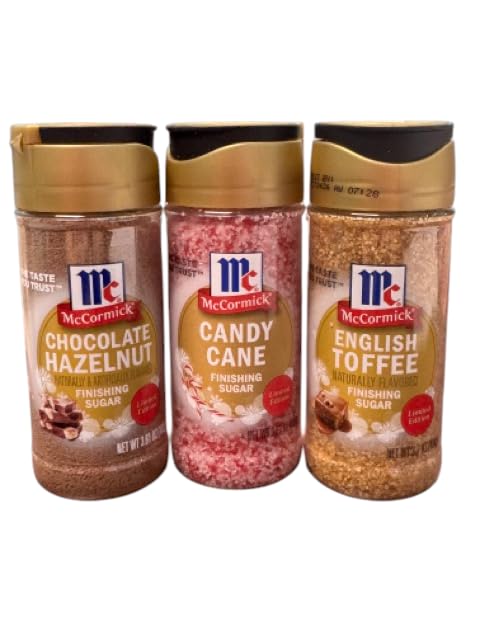 McCormick Holiday Finishing Sugar Variety Pack, Chocolate Hazelnut, Candy Cane, English Toffee Flavors, Limited Edition Dessert Topping, 3 Count
