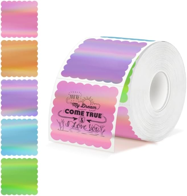 2"x2" Holographic Thermal Labels, 300 Pcs Scalloped Square Sticker Paper for Small Business, Custom Logo, Thank You, Glitter Rainbow Effect, Waterproof (5 Assorted Colors, Not Pre-Printed)