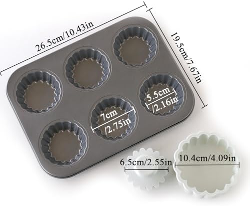 Mini Tart pan with Tart Cutting Mold, 2.75" Egg Tart Molds 6-cavity Non Stick Fluted Mini Tart Mould, Reusable Quiche Bakeware Carbon Steel for Pies, Quiche, Cheese Cakes, Desserts
