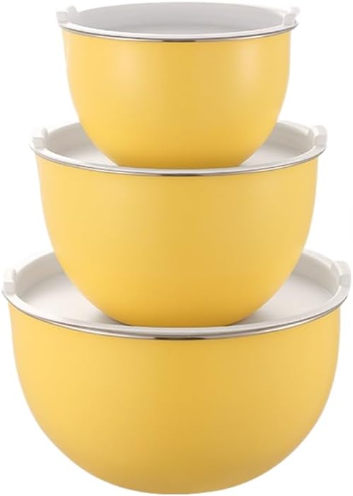 304 Stainless Steel Mixing Bowls with Lids, Nested Metal Bowl Set for Cooking Salad Dough Egg Whisking, Stackable Kitchen Prep Storage Containers(3 Yellow Lid)
