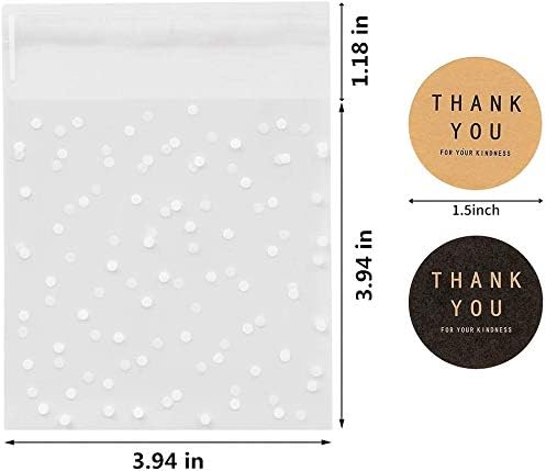 400PCS White Polka Dot Treat Bags Set Self Adhesive Candy Cookie Bags Set, 200 Clear Cellophane Bags + 200 Thank You Sticker for Bakery Biscuit Snacks Dessert 3.94x3.94IN