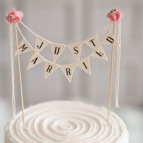 Wedding Cake Topper,Family Party Cake Topper,Vintage Affair Rustic Just Married Wedding Cake or Cheese Bunting,Handmade Pennant Flags with Wood Pole Ivory