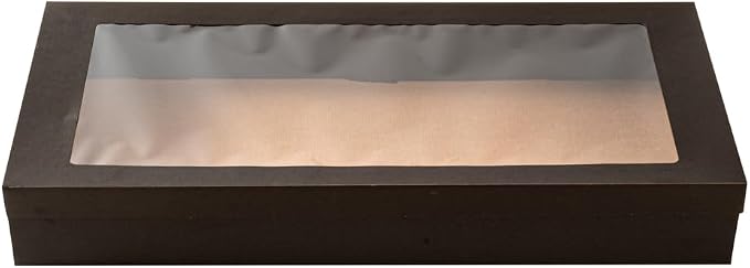 Restaurantware Cater Tek 22.2 x 10 x 3.2 Inch Baked Goods Boxes 100 Greaseproof Pastry Boxes - Window Lids Insert Tab Lock Black Paper Catering Boxes Easy Assembly For Charcuterie Or Cupcakes