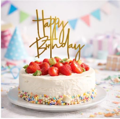 Happy Birthday Cake Topper – Gold Acrylic Birthday Cake Decoration, Modern Script Reusable Cake Pick for Adult Birthday Party, 7.2 Inch
