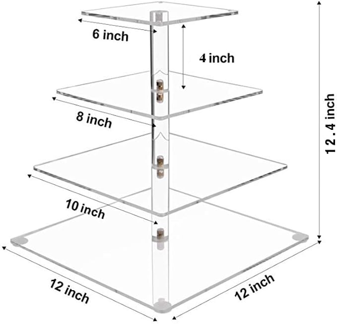 4 Tier Acrylic Cupcake Tower Stand, Clear Square Dessert Treat Display, Cake and Cupcake Stand Set, Candy Bar Party Décor, Bases Para Cupcakes for Birthday Wedding Party…