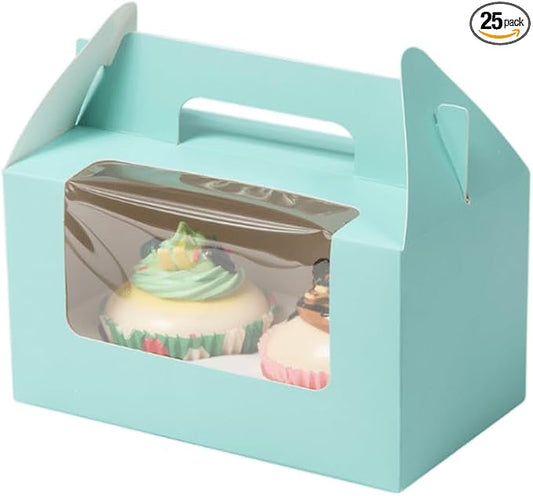 25Pcs Cupcake Containers -2 Holders Individual Cupcake Boxes with Clear Window Inserts and Handle Cupcake Muffins Cupcake Carriers for Birthday Party Wedding Cookies Pastries (Blue)