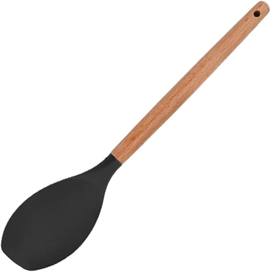 1pcs Black Silicone Spatula Set, Heat Resistant Baking Spoon, Nonstick Rubber Scraper Spatula Spoon Set with Wooden Handle for Baking Cooking Mixing