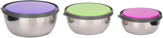 3 Piece Stainless Steel Mixing Bowls Set with Sealing Lids Nested Food Storage Containers 12 14 16 Cm for Cooking Baking Prepping Camping Home Office Lunch
