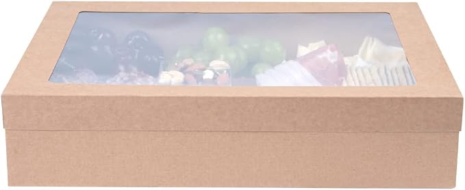 Restaurantware Cater Tek 14.3 x 10 x 3.2 Inch Catering Boxes 10 Insert Tab Lock Baked Goods Boxes - Window Lids Easy Assembly Kraft Paper Window Pastry Boxes For Charcuterie Or Cupcakes
