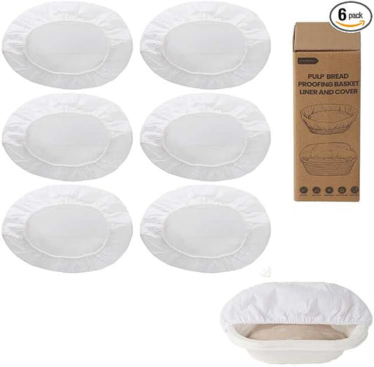 6-Pack Elastic Bread Proofing Basket Covers - Linen Cotton Liners for 10-Inch Oval Sourdough Bannetons, Non-Stick, Breathable Fermentation Cloth for Sourdough & Artisan Baking