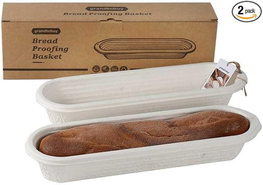15 Inch Long Baguettes Proofing Basket Set of 2, Natural Rattan Banneton with Liner, Handmade French Bread Dough Rising Mold for Professional & Home Sourdough Bakers