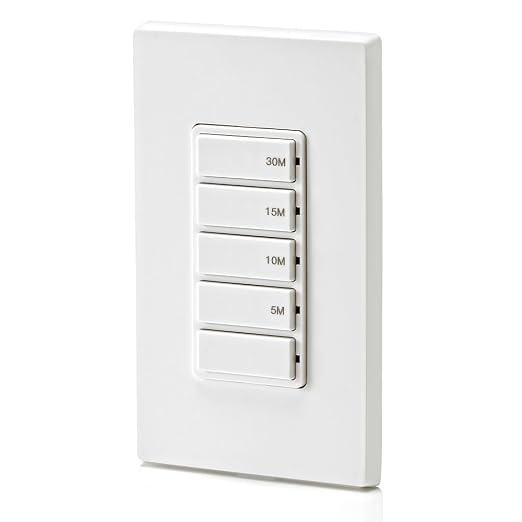 Leviton Countdown Timer Switch for bathroom fan and household lights, 5-10-15-30 min, No Neutral Required, Single Pole, 15A, 1/2 HP/9.8A Fan/Motor, DT130-1LW, White