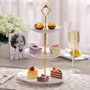 Jusalpha Cupcake Stand 3 Tier White Porcelain Cake Stand Dessert Stand Tea Party Serving Platter, Comes in a Gift Box- Free Sugar Tong (White)
