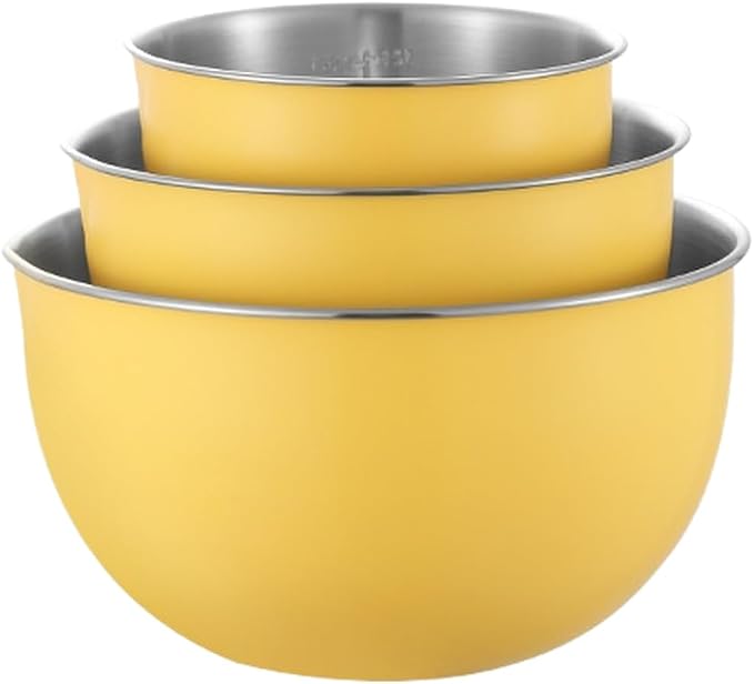 304 Stainless Steel Mixing Bowls with Lids, Nested Metal Bowl Set for Cooking Salad Dough Egg Whisking, Stackable Kitchen Prep Storage Containers(3 Yellow)