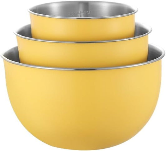 304 Stainless Steel Mixing Bowls with Lids, Nested Metal Bowl Set for Cooking Salad Dough Egg Whisking, Stackable Kitchen Prep Storage Containers(3 Yellow)