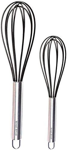 Silicone Whisk Set of 2 - Stainless Steel & Silicone Kitchen Utensils for Blending, Whisking, Beating & Stirring - (12-inch, 10-inch & 8.5-inch (Two Black)