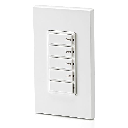 Leviton Countdown Timer Switch for bathroom fan and household lights, 10-20-30-60 min, No Neutral Required, Single Pole, 15A, 1/2HP/9.8A Fan/Motor, DT160-1LW, White